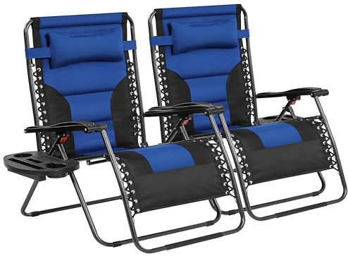 Yaheetech Zero Gravity Sunlounger, Outdoor Multi Position Soft Padded Chairs, Foldable Patio Recliner w/Carry Strap, Cup Holder, Pillow for Backyard Deck Camping Navy Blue/Black Set of 2, 73cm
