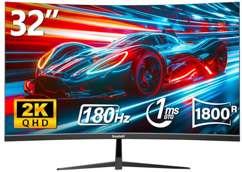 Gawfolk 32 Zoll Curved Gaming Monitor QHD180Hz, 165Hz PC Bildschirm, Rahmenloses 1800R Gebogenes Computer Bildschirm unterstützt VESA