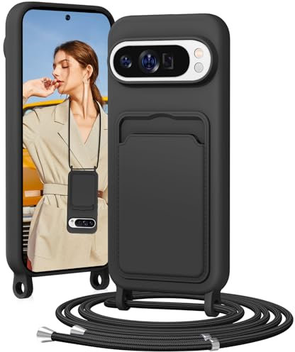 BENTIACC Handykette Silikon Hülle für Google Pixel 9 Pro XL mit Band, Handyhülle mit Kartenfach, Abnehmbar Kordel Kette, Stoßfeste Schutzhülle für Google Pixel 9 Pro XL (Schwarz)