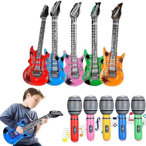 Inflatable Guitar, Inflatable Microphone, 10 Pcs Inflatable Balloons Rock Star Party Props, Eurovision Party Decorations, Blow up Microphone Guitar Kids for Musical Concert Themed Party, for 14+