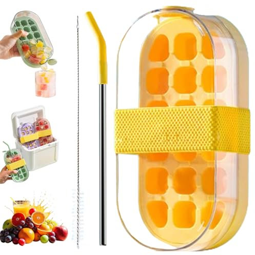 My Crush Cup Ice, 2 in 1 Touch-Free Ice Cube Bottle with Straw, Ice Compartment Water Bottles, Portable Cube Tray Water Bottle for Coffee, Juice, and Beverages, One-Touch IceRelease (Yellow)