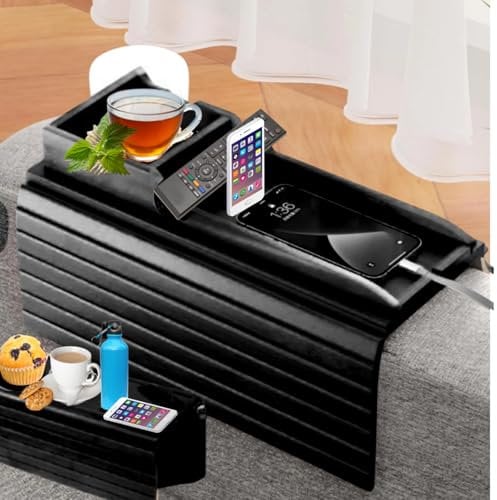 2-in-1 Wooden Sofa Tray Table with Detachable Tray Bamboo Armrest Table Non-Slip fCups, Remotes, Bottles, Food, Drinks and Phones Black (Black)