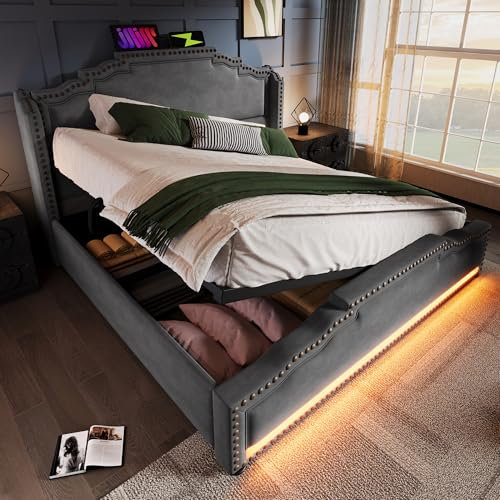 Oxtao Polsterbett 140×200 mit LED Beleuchtung und USB-Anschlüsse, Doppelbett mit Lattenrost, Bettrahmen Erwachsene mit hydraulischem Stauraum, Samt Bettgestell, ohne Matratze (Grau, 140x200cm)