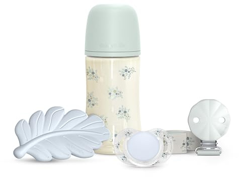 Suavinex, Geschenkset Babykorb Babys +0 Monate und Neugeborene. Schnuller 0/6 SX Pro Sauger + Schnullerkette + Anti-Kolik-Babyflasche SX Pro Sauger Mittlerer Durchfluss (M) 270 ml + Beißring, Blau