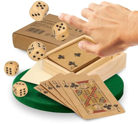 Reisespiel Set 'Vacay' - Handliches Kartenspiel- & Würfelset aus Holz - ideal für Familie & Kinder geeignet ab 6 Jahren - Spielesammlung fürs Auto, am Strand oder beim Camping, Farbe:natur