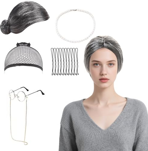 5er Set Old Lady Kostüm Perücke Großmutter Perücke Grau Oma Runde Brille Perlenkette Haarnetz Alte Damen Perücke für Karneval Halloween Old Lady Cosplay