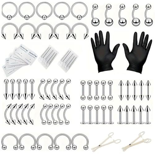 Cokoozoo 94 Pcs Piercing Kit with Jewelry & Clamps, Complete Lip, Nose, Septum, Belly Button, Tongue, Ear Cartilage Piercing Set – Safe, Stylish, Easy-to-Use Body Piercing Tools