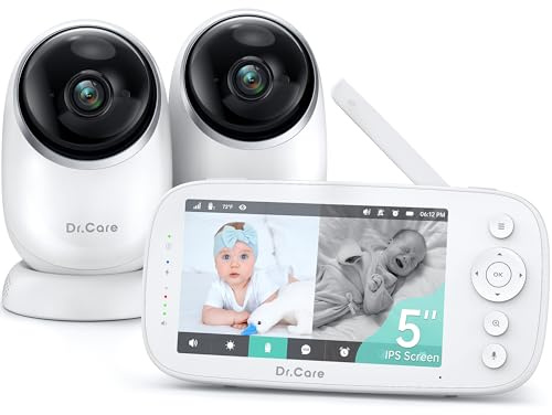Dr.Care NovaView Video-Babyphone – 5 1080P Split-Screen Display, 5000mAh Akku, klare Nachtsicht, Echtzeit/VOX, 2X/4X Zoom, 300m Reichweite, 2-Wege-Audio, Schwenk & Neigung, ohne WLAN (2 Kamera Set)