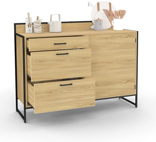 IDMarket - Aparador bajo de cocina (120 cm, 1 puerta + 3 cajones, diseño industrial