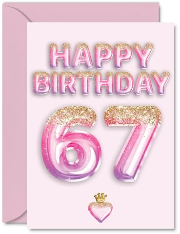 67th Birthday Cards for Women and Men, Pink & Purple Glitter Balloons | Happy Birthday Card for 67 Year Old Man Woman Brother Wife Sister Nanny, A5 Bday Greeting Cards