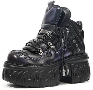 Songella Stivali con Plateau Gotici da Donna, Scarpe Stile Punk Rock Heavy Metal Stivaletti Stringati Chunky con Design a Fiamma e Dettagli in Metallo