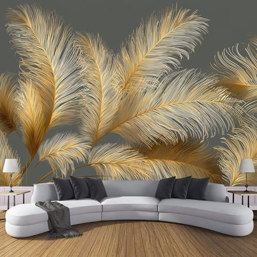 Fototapete Goldene Federn, 200x140cm Tapeten Seide Moderner Luxus, 3D Effekt Wandtapete Wohnzimmer Schlafzimmer Wandbilder Wand, Gold
