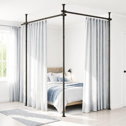 Raumteiler Paraventgestell Gardinenstange, B 70-355cm x H 122-305cm,Flexibel Verstellbarer Paravent Ohne Bohren,Freistehend Raumtrenner Paravent Ohne Vorhang,Sichtschutz für Wohnzimmer,Büro,Schwarz