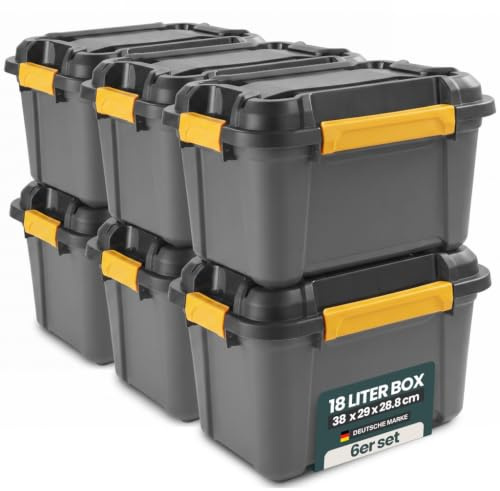 Kreher® Bunker Tough Aufbewahrungsbox 18L - 38 x 29 x 28,8 cm - IP67 wasserdicht & staubdicht, UV-beständig, schlagfest - Ideal für Werkzeug, Garage, Camping, Outdoor & Haushalt - 6 Stück