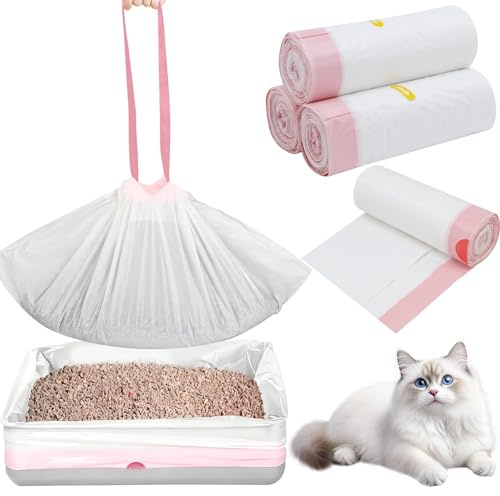 FAELNK 80 Stück Katzentoilettenbeutel mit Zugband Katzenklo Beutel Müllbeutel Katzentoilettenbeutel mit Zugbänder Langlebige Reißfest Flüssigkeitsdicht 64 x 40cm (Rose, 4 Rollen)