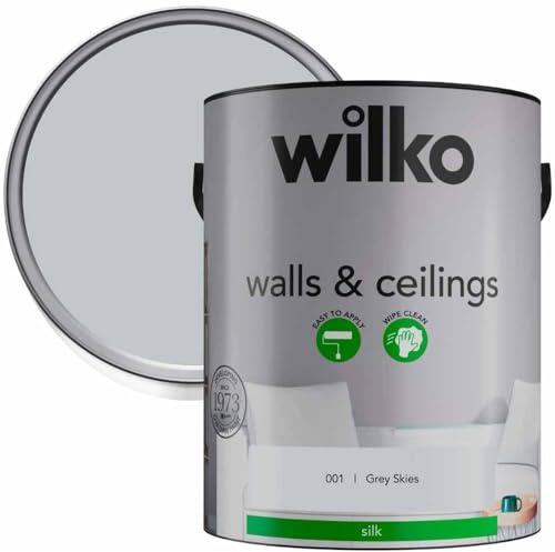 wilko Silk Paint 5L, Emulsion Paint, Walls & Ceiling Paint, Grey Skies, Premium Quality, Easy Application, Hard-wearing, Wipe Clean, 60 Square Metres Coverage, For Interior Walls