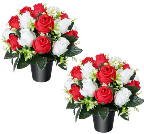 2Pc Artificial Flowers for Graves Pots Red White Roses Grave Flower Pots | Faux Cemetery Flowers with 36 Heads Silk Cemetery Ornaments in Pot Outdoor Fake Funeral Memorial Arrangements for Graveside