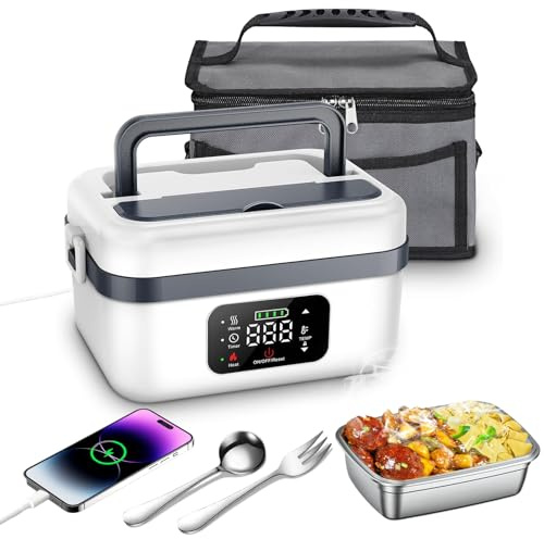 Warmfunn 1L Gamelle Chauffante Batterie,Lunch Box Chauffante Batterie,Préchauffage,Fond Scellé Joint Caoutchouc, Démontable Lavable,Étudiants/Salariés/Chauffeurs/Ouvriers du Bâtiment (Blanc)