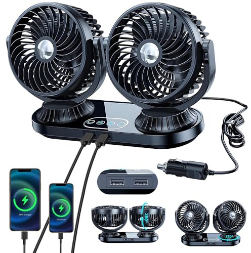 SKJJM Car Fan 12v 24 volt Universal, Dual Head Auto Car Cooling Fan, Electric Car Fan with 2 USB Charging Ports, Cigarette Lighter Interface, 360°Rotation USB Fans that Blow Cold for SUV RV Vehicles