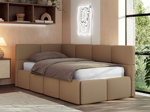 MKS MEBLE Jugendbett ARVO 90x200 cm mit Lattenrost und Bettkasten, Polsterbett mit gepolstertem Kopfteil und Gasdruckfedern, Eckbett mit Stauraum - ohne Matratze - Braun Kunstleder - Linke Seite