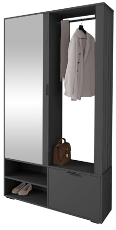 Mirjan24 Garderoben-Set Raldento mit Spiegel (Anthrazit) | Praktische Flurgarderobe mit Kleiderstange, Ablagefächern, Schuhschrank und beidseitig montierbarem Spiegelschrank