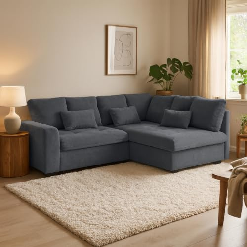BEAUTY SOFA Ecksofa RAMO mit Schlaffunktion 160x200 cm im Set mit Topper, Anthrazit (Velo 636), Rechts
