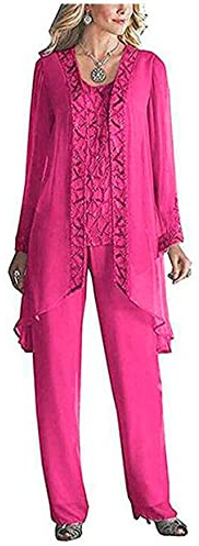 Women's 3 Pieces Chiffon Dress Mother of The Bride Pants Suits with Beaded Jacket Wedding Outfit Evening Gown Fuchsia UK18