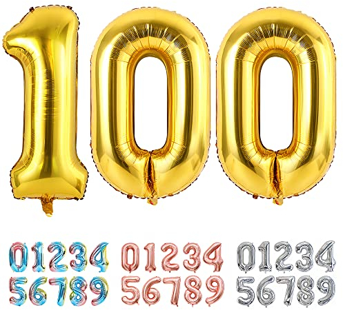 Ponmoo Luftballons Zahlen 100 Gold, Riesen Nummer 0 1 2 3 4 5 6 7 8 9 10-19 20-29 30-39 40 50 60 70 80 90 100, groß Folienballons für Hochzeit Jubiläum, Geburtstagsballons Party Dekoration