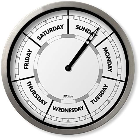 DayClocks Wochentag Wanduhr mit Aluminiumrahmen – Kalendertagsuhr – ideales Ruhestandsgeschenk für Männer und Frauen – 25,4 cm