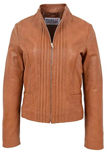 Womens Real Leather Biker Style Jacket Classic Standing Collar Ivy