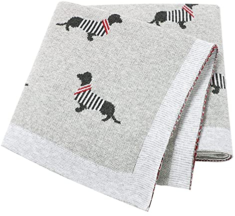 Babydecke 100% Baumwolle Weich Gestrickt Babydecken für Neugeborene Jungen Mädchen Dackel Wursthund 100x80cm Grau