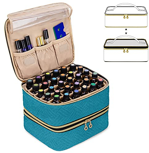 Luxja Ätherische Öl Tasche, Doppelschicht Aufbewahrungstasche für Öle und Zubehör, Öl Tasche für 60 Flaschen Öle(5 ml - 15 ml), Blaugrün (PATENTIERTES Produkt)