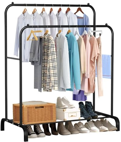 MorNon Kleiderständer Freistehender Kleiderbügel Doppelruten Multifunktional Leicht zu Trocknen Innen- und Außenmontage für Schlafzimmer Waschräume Ausstellungsräume (Schwarz)