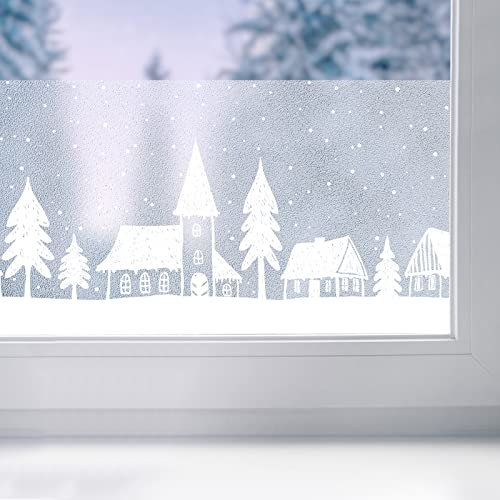 Fensterbordüre 20x150 cm | Fensterfolie statisch haftend ohne Kleber für einfache Montage | Fensterbilder für Fenster und Glasflächen | Fensterdeko wiederverwendbar | Winterdorf