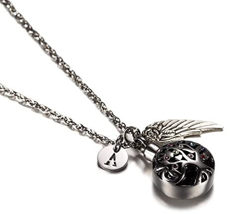 Homxi Colgantes para Cenizas Humanas Árbol de la Vida con ala y Letra A Colgante Cenizas Acero Inoxidable Mujer Colgante Plata y Negro