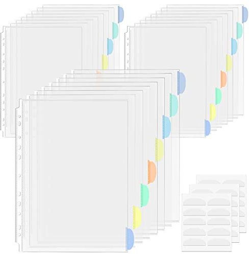24 Pcs Punched Pockets A4 Plastic Sleeves with Tab Divider for Binder Folder Clear Poly Pockets Top-Opening 11 Holes Binder Pocket for School Office Home