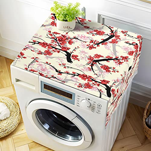 Housse de machine à laver japonaise en fleurs de cerisier - 130 x 55 cm - Antidérapante - Pour chargement frontal - Étanche - Anti-poussière - Avec 4 sacs de rangement - Décoration d'intérieur