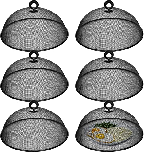 Gerrii 6 Pcs Metal Mesh Food Cover Outdoor Mesh Food Tents Dome Screen Plate Covers for Dinner Plates Reusable Fruit Fly Nets Picnic Food Umbrella for Table, BBQ, Camping, Party (Black,11 Inch)