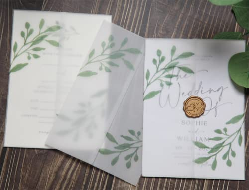 Puremigo 50 Stück Eukalyptus Grün bedruckte vorgefaltete Pergamentumhüllen für 12,7 x 17,8 cm Einladungen – 105 g/m² Pergamentpapier 5 x 7 Jacken – Pergamentpapier Hochzeitseinladungen Wraps –
