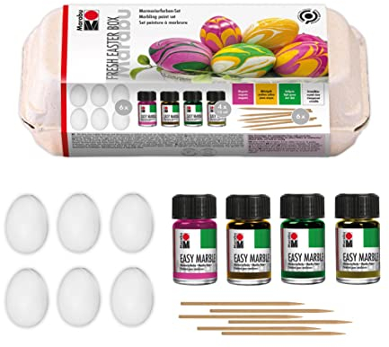 Marabu 1305000000098 - Easy Marble Set Fresh Easter Box zum Marmorieren und Färben, inkl. 6 Holzstäbchen und 6 Kunststoffeiern, 4 x 15 ml Grundfarben