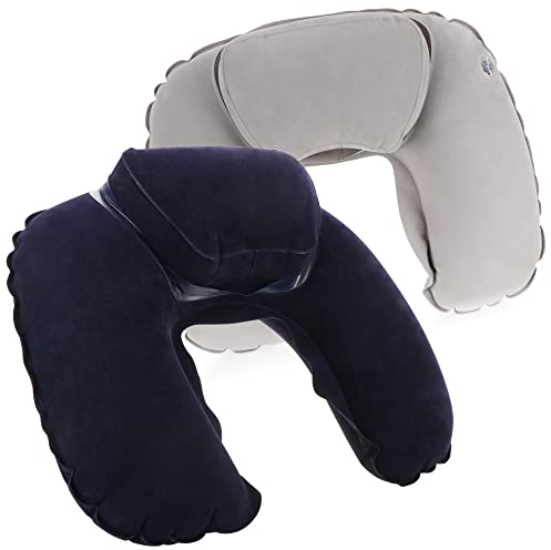 com-four® 2X Aufblasbares Nackenstützkissen - Praktisches Nackenhörnchen zum Aufpusten - Ideales Reisekissen für unterwegs - mit erhöhter Nackenstütze (Erhöht - 2 Stück - grau dunkelblau)