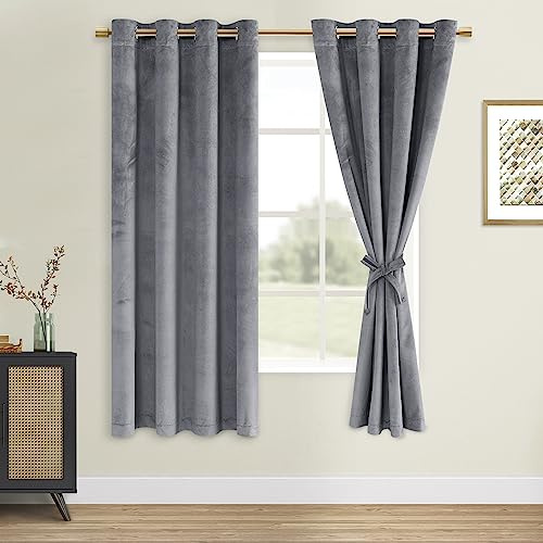 DWCN Graue Samtvorhänge, 160 cm lang, superweich, zum Binden von Ösen, Verdunkelungsvorhänge, wärmeisoliert, Fenstervorhänge für Gästezimmer/Babyzimmer/Schrank, B 52 x L 63 cm, 2 Paneele