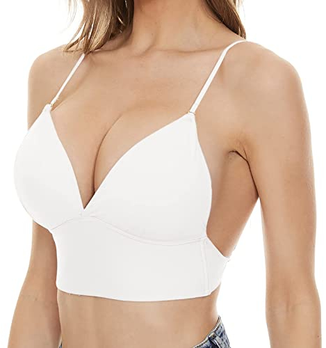Push Up BH Trägerlos Damen-BH mit niedrigem Rücken, Spitze, glänzend, U-Form, rückenfreier BH mit Kleidern mit niedrigem Rücken Sport BH Damen Starker Halt (White,Beige, XL)