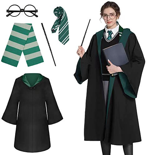 AOOWU Magier Robe, 5-teiliges Zauberer Robe für Erwachsene, Green Magier Umhang Outfit Set mit Zauberstab Krawatte Brille Schal, Zauberer Kostüm für Halloween Cosplay Karneval Verkleidung Party (S)