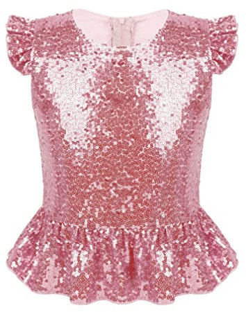 ranrann Enfant Fille T-Shirt Paillette Volant Costume Brillant Crop Top Manches Courtes Flutter Retour Zipper Blouse Gilet Haut de Danse Halloween Carnaval Fête 4-12 Ans Rose 5-6 Ans