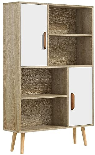 HOMCOM Bibliothèque scandinave 4 niches + 2 placards avec étagère dim. 80L x 24l x 123H cm Pieds effilés inclinés Bois Massif Chêne