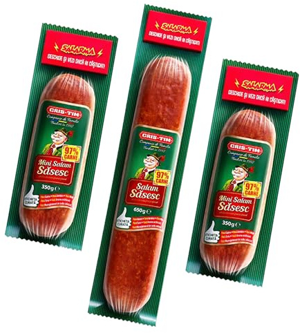 CRIS-Tim Salam Sasesc 650g and Mini Sasesc 350g Sausage| Romanian Boiled and Smoked Pork and Beef Meat | Addition of Finely Chopped Bacon and Spices (Mixed Both, 3 Pack)