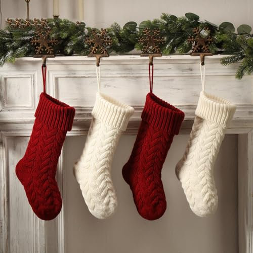 Hixingo Weihnachtsstrumpf Personalisiert 4er, 46cm Große Klassische Gestrickt Einfarbig Passend Nikolausstrumpf, Weihnachtssocken zum Aufhängen und Befüllen Kamin Weihnachtsbaum Deko (rotbeige)