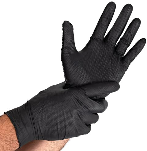 FRANZ MENSCH Hygostar Nitrilhandschuhe Diamond Grip | puderfrei, schwarz, 8/M, 24cm, 50 Stück, Grip Diamanttextur, extra stark/dick, Einmalhandschuh latexfrei