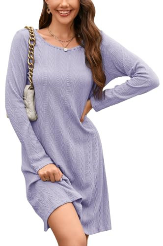 STYLEWORD Abito Maglione da Donna Manica Lunga Girocollo T-Shirt Abiti Abito Lavorato a Maglia a Costine Abito a Tunica Tinta Unita Casual(Viola,XL)